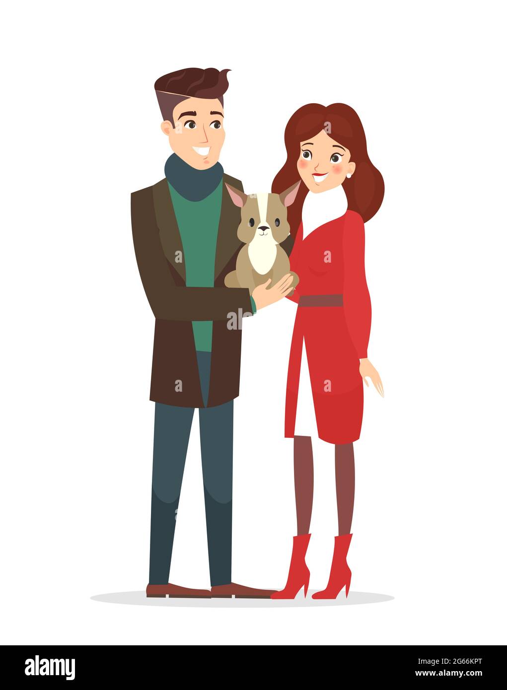 Vector illustration of couple of young people with a pet. Handsome husband and pretty wife with a cute dog, pet concept in flat cartoon style. Stock Vector