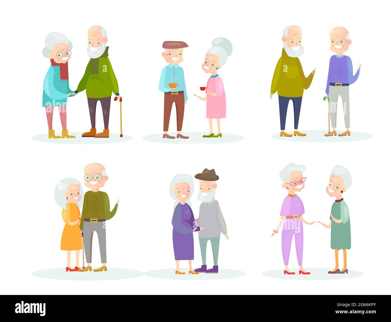 Vector illustration set of cute and lovely old people couples and old friends isolated on white background. Healthy and active grandparents. Elderly Stock Vector