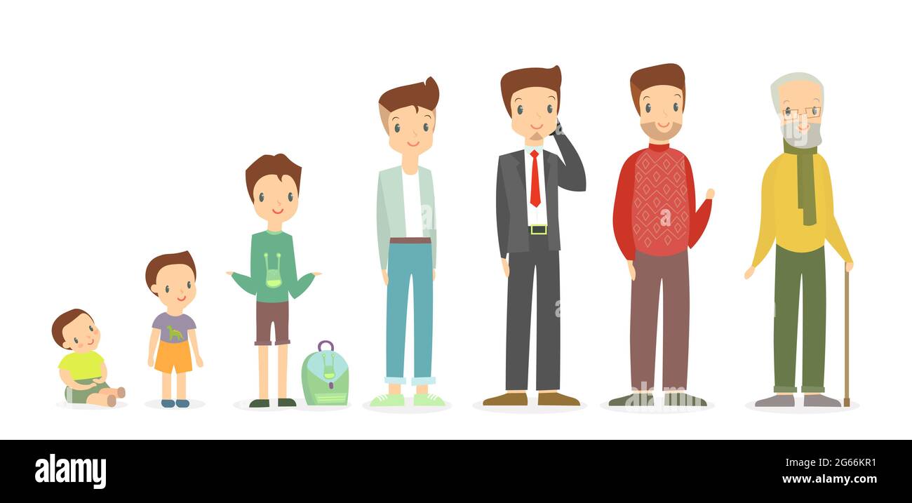 Vector illustration of a man in different ages - as a small baby boy, a child, a pupil, a teenager, an adult and an elderly person. Growing up and Stock Vector