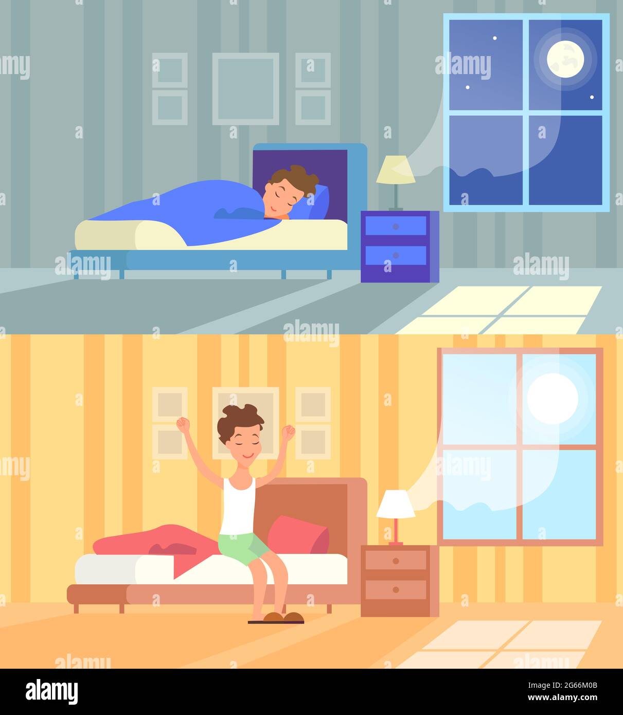 Vector illustration of man sleeping at night and waking up morning. Sleep in comfy bed concept, good morning, start of the day, wake up. Cartoon flat Stock Vector