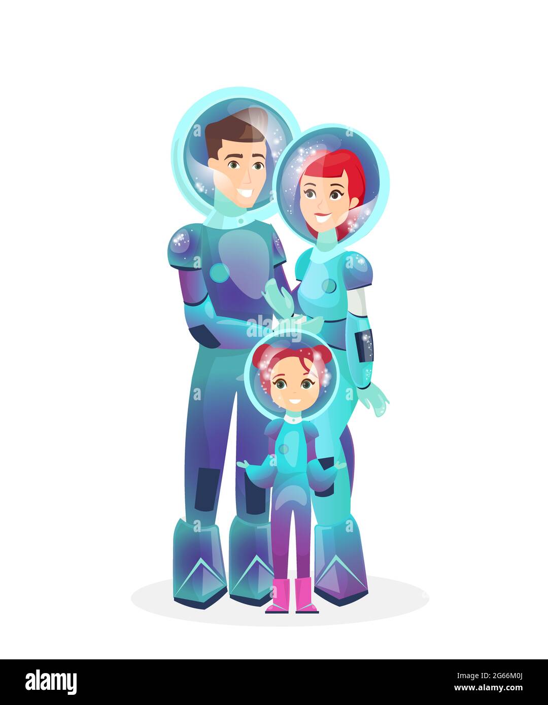 Vector illustration of spaceman family. Happy astronauts in space suit - woman, man and daughter. Space colonization concept, Cosmonauts in futuristic Stock Vector
