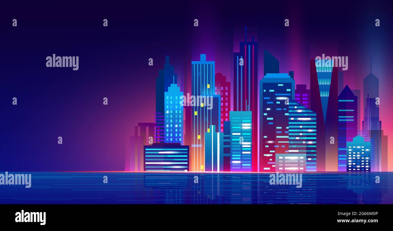 Vector illustration of futuristic night city with neon lights. Cityscape above the water, beautiful night modern city, city lights. Stock Vector