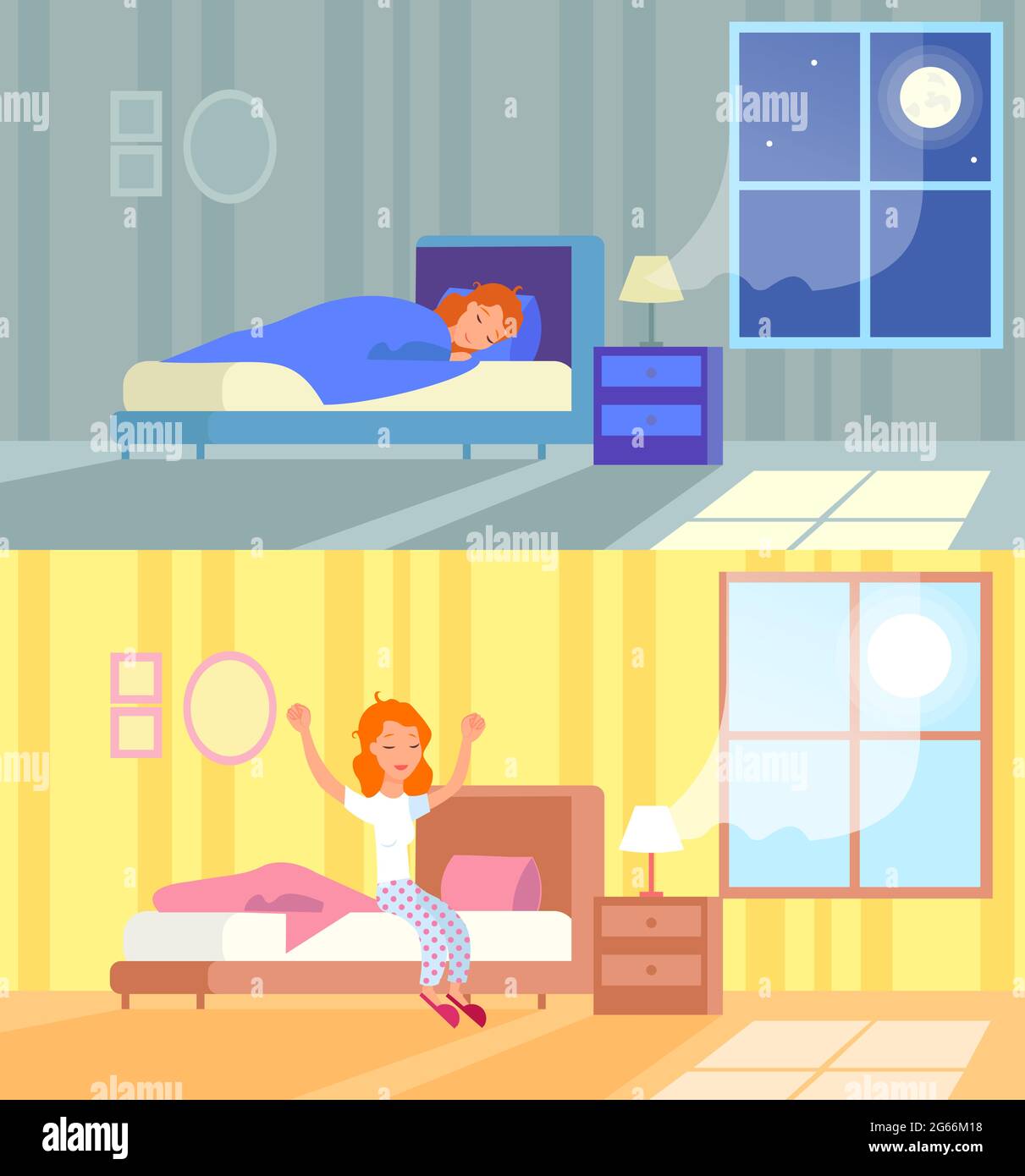 Vector illustration of woman sleeping at night and waking up morning. Sleep in comfy bed concept, good morning, start of the day, wake up. Cartoon Stock Vector