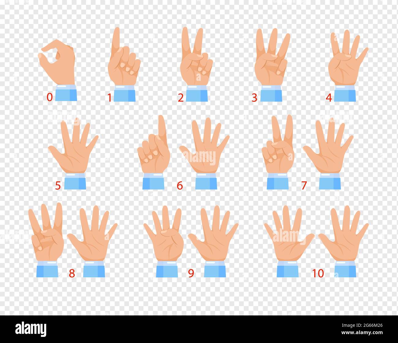 Vector illustration of hands in various gestures, showing different numbers by fingers. Flat cartoon design isolated on transparent background. Stock Vector