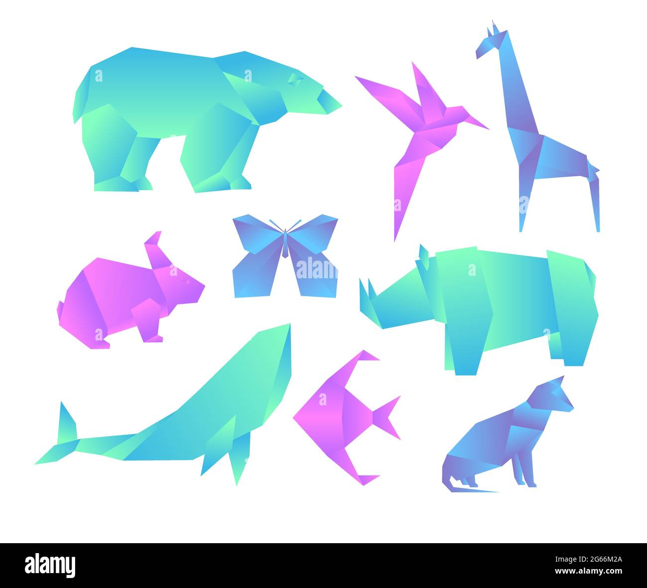 Vector illustration set of geometric paper animals with color gradient, 3d animals, origami style. Origami gradient animals collection isolated on Stock Vector