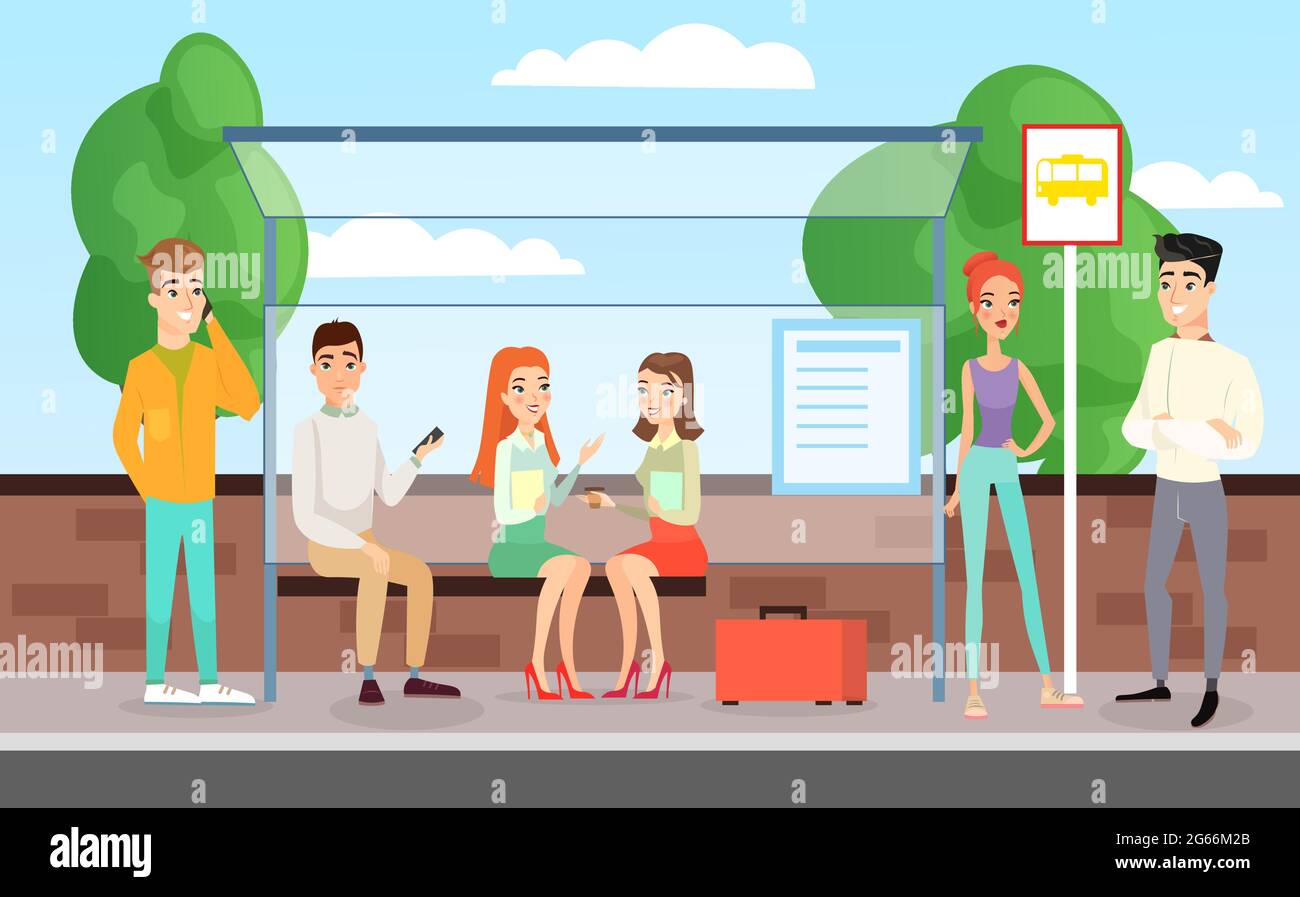 Vector illustration of people waiting for a bus. Standing, talking and sitting people on bus