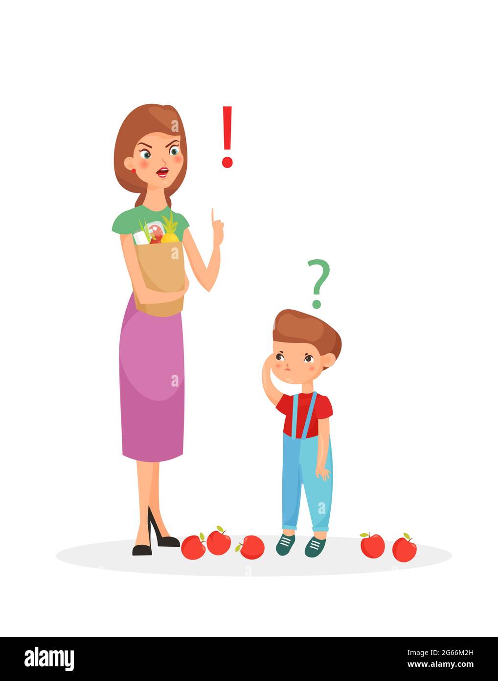 Vector illustration of mother character punishes sone. Mom scolding her upset son, flat cartoon style. Stock Vector