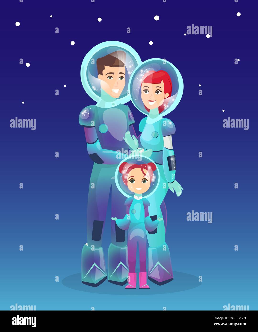 Vector illustration of astronauts family, spaceman, people in spacesuit. Futuristic concept of people. Mars colonization. Woman, man, child in Stock Vector