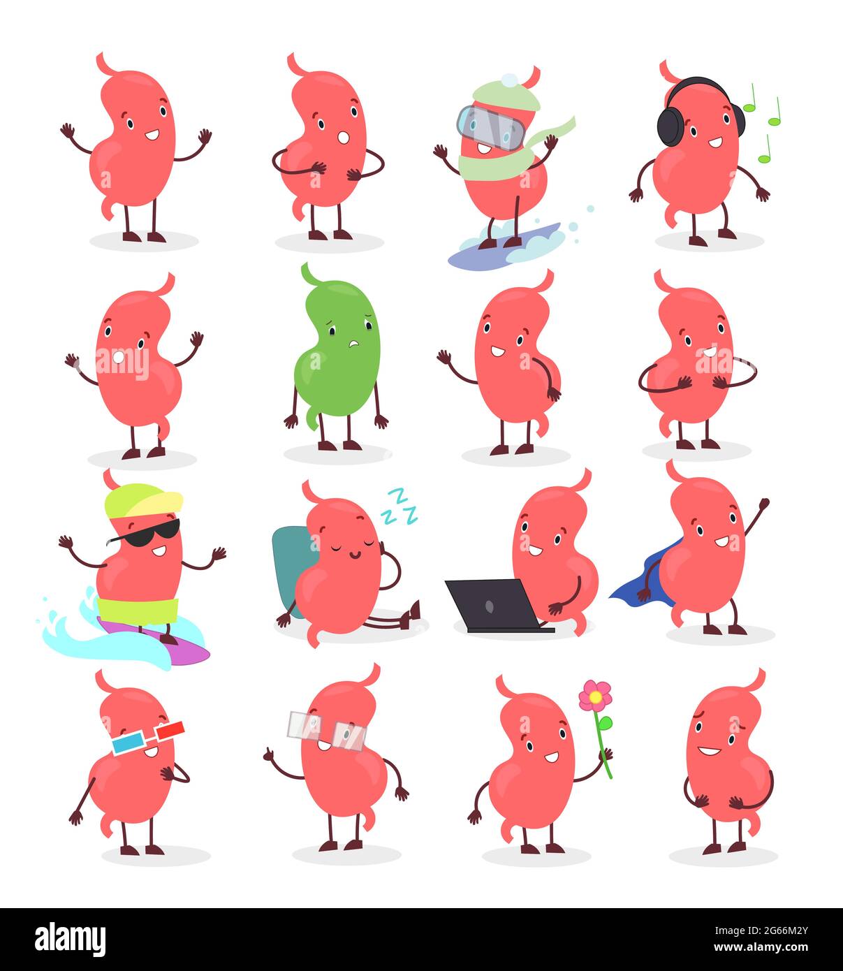 Vector illustration set of cute cartoon stomach emoji. stomach in different positions and emotions collection isolated on white background in flat Stock Vector