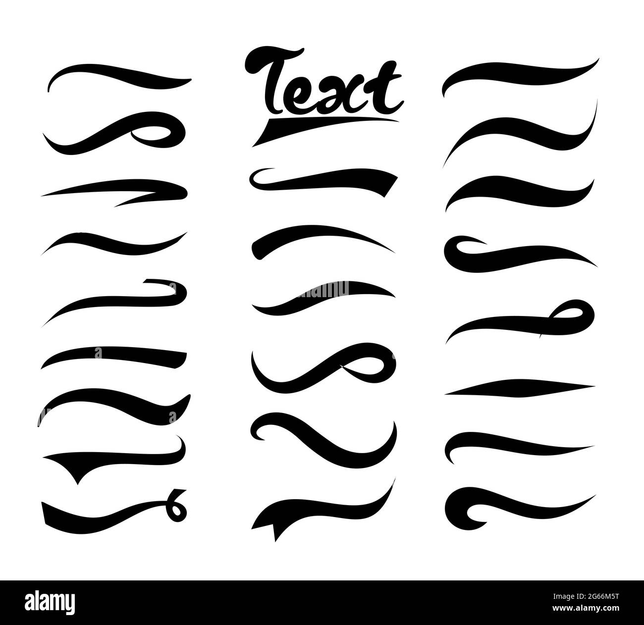 Text swooshes collection. Tail typography retro font graphic elements  baseball letters designs vector objects. Illustration black underline  swirl, swoosh stroke set Stock Vector