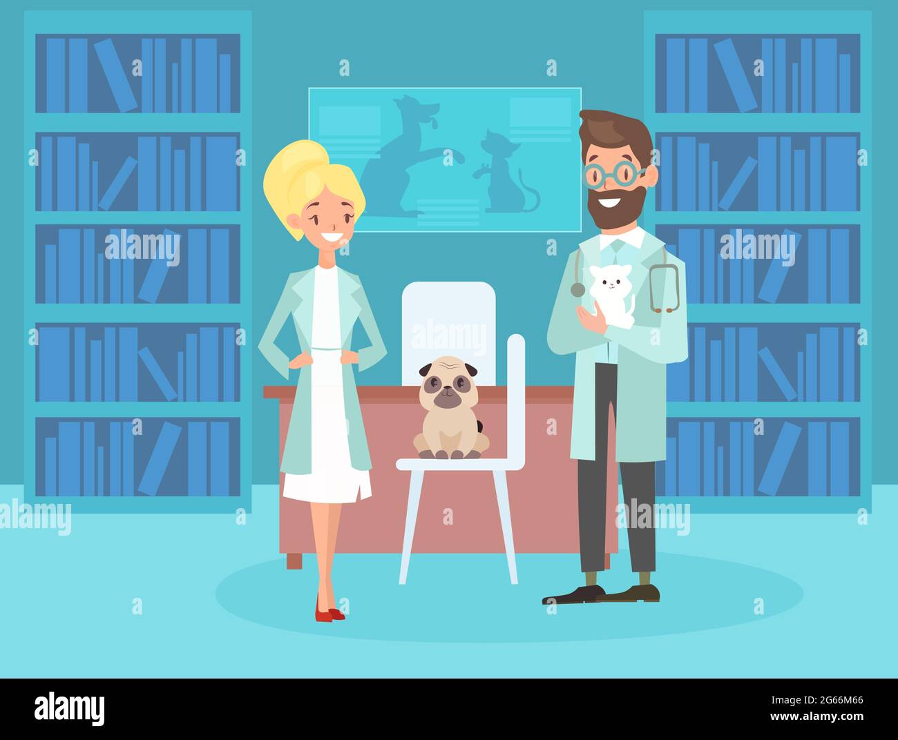 Vector illustration of smiling male female veterinarians. Vet pet doctors, cute puppy dog in flat cartoon style. Stock Vector
