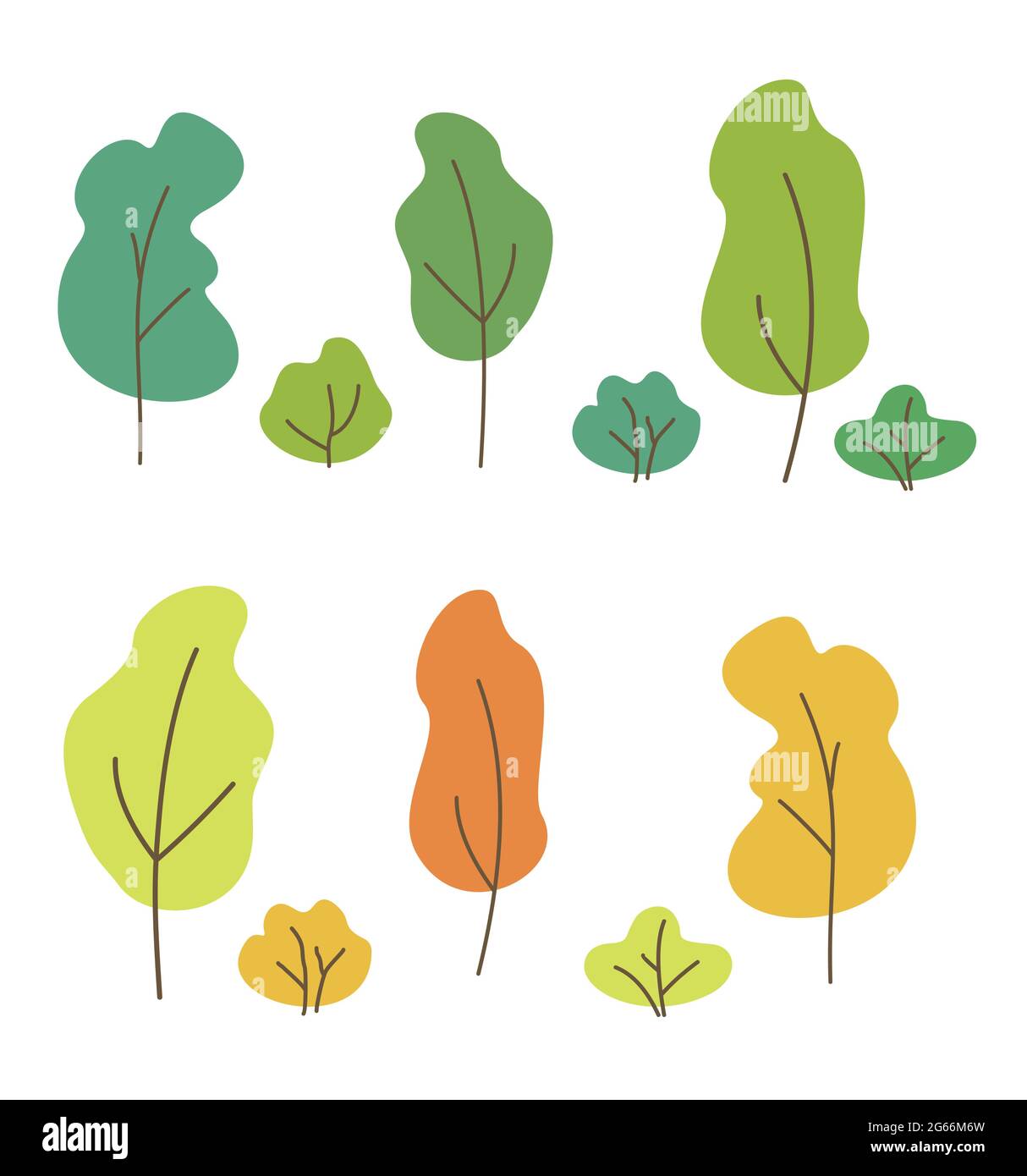 Vector illustration set of green, yellow, orange trees. Trees and bushes collection isolated on white background in flat style. Stock Vector