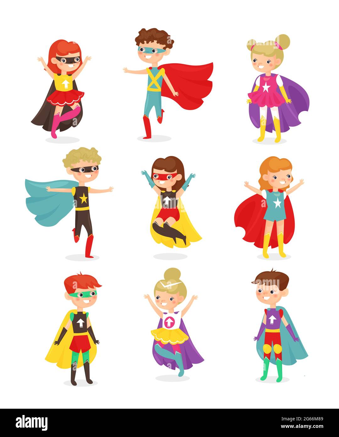 Vector illustration of super hero children. Kids in superhero costumes, super powers, kids dressed in masks. Collection of happy smiling kids Stock Vector