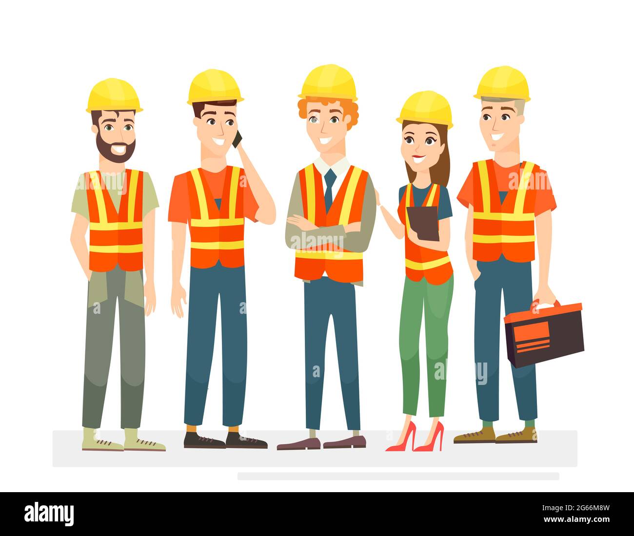 Vector illustration of construction workers team characters. Men and women in uniforms and helmets on white background in cartoon flat style. Stock Vector