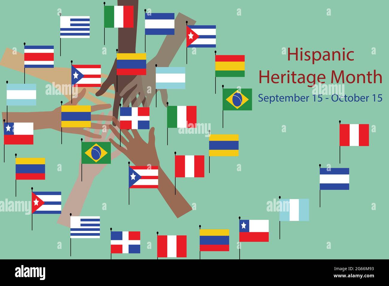 National Hispanic heritage month and culture theme Vector illustration, hands with different color and Flags of America. Stock Photo