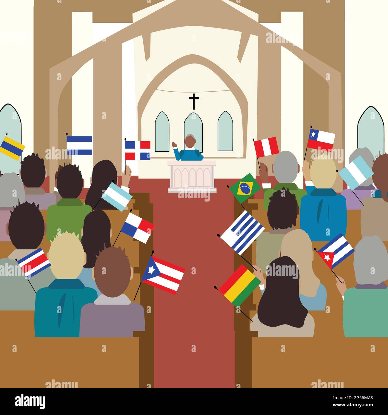 Vector illustration of people with different color and Flags of America in the church. National Hispanic Heritage Month. Stock Photo