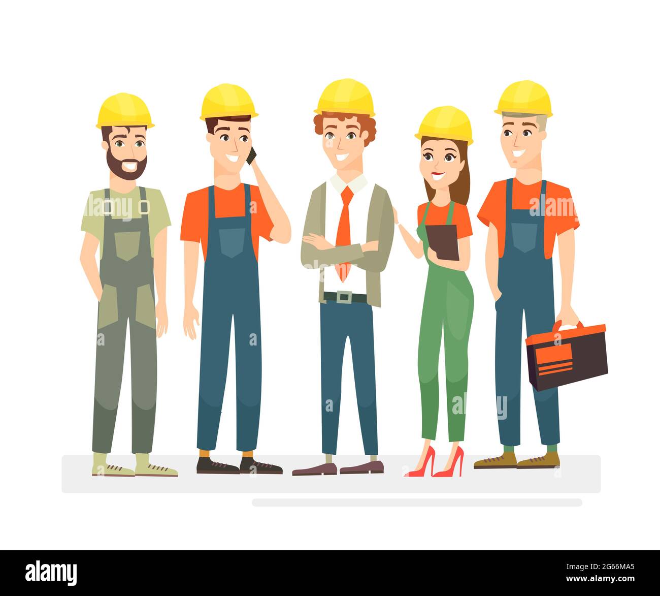 Vector illustration of workers team, engineers and builders dressed in protective vests and helmets. Workers in cartoon flat style isolated on white Stock Vector