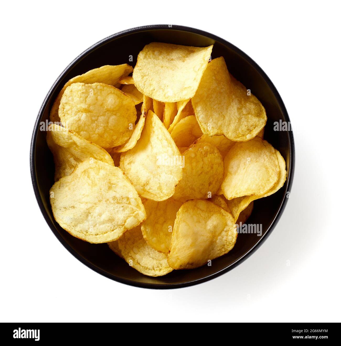 Bowl of plain salted potato chips isolated on white background, top ...