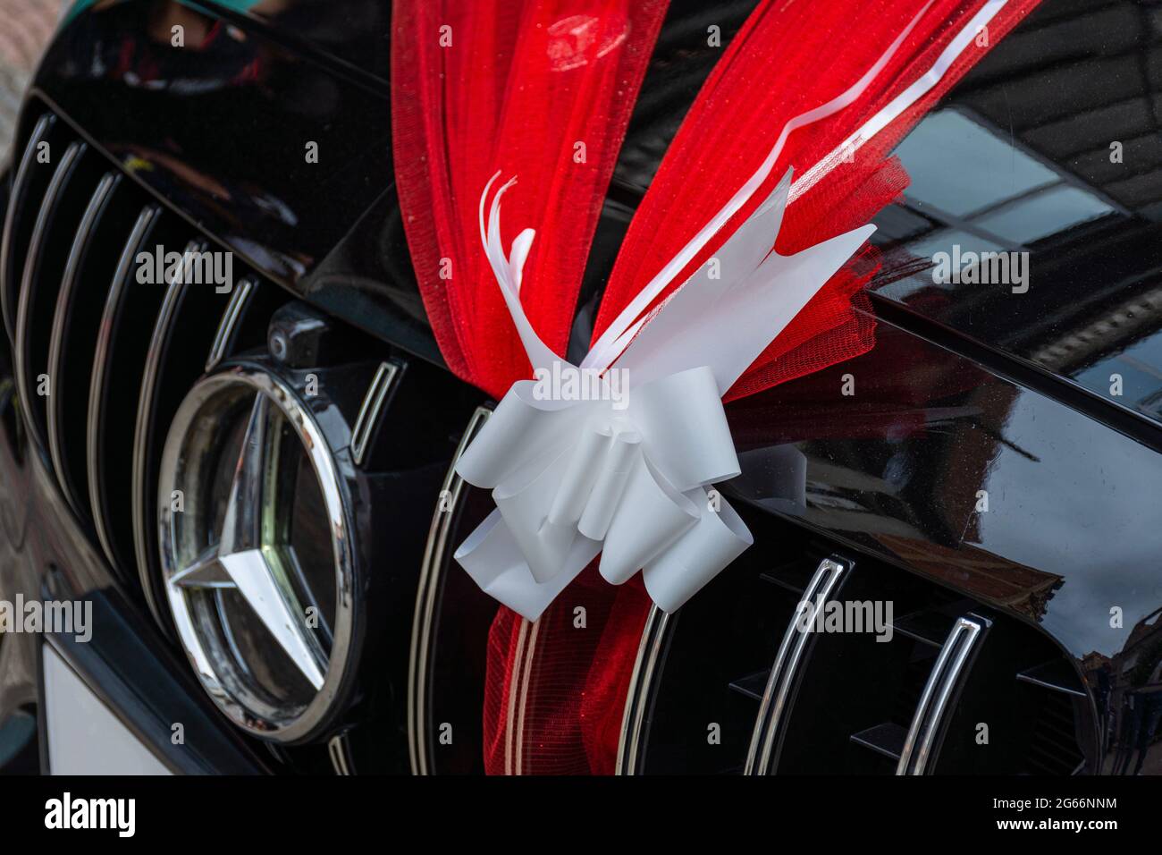 Black wedding car, red organza fabric, ribbon bow, Front car. Stock Photo