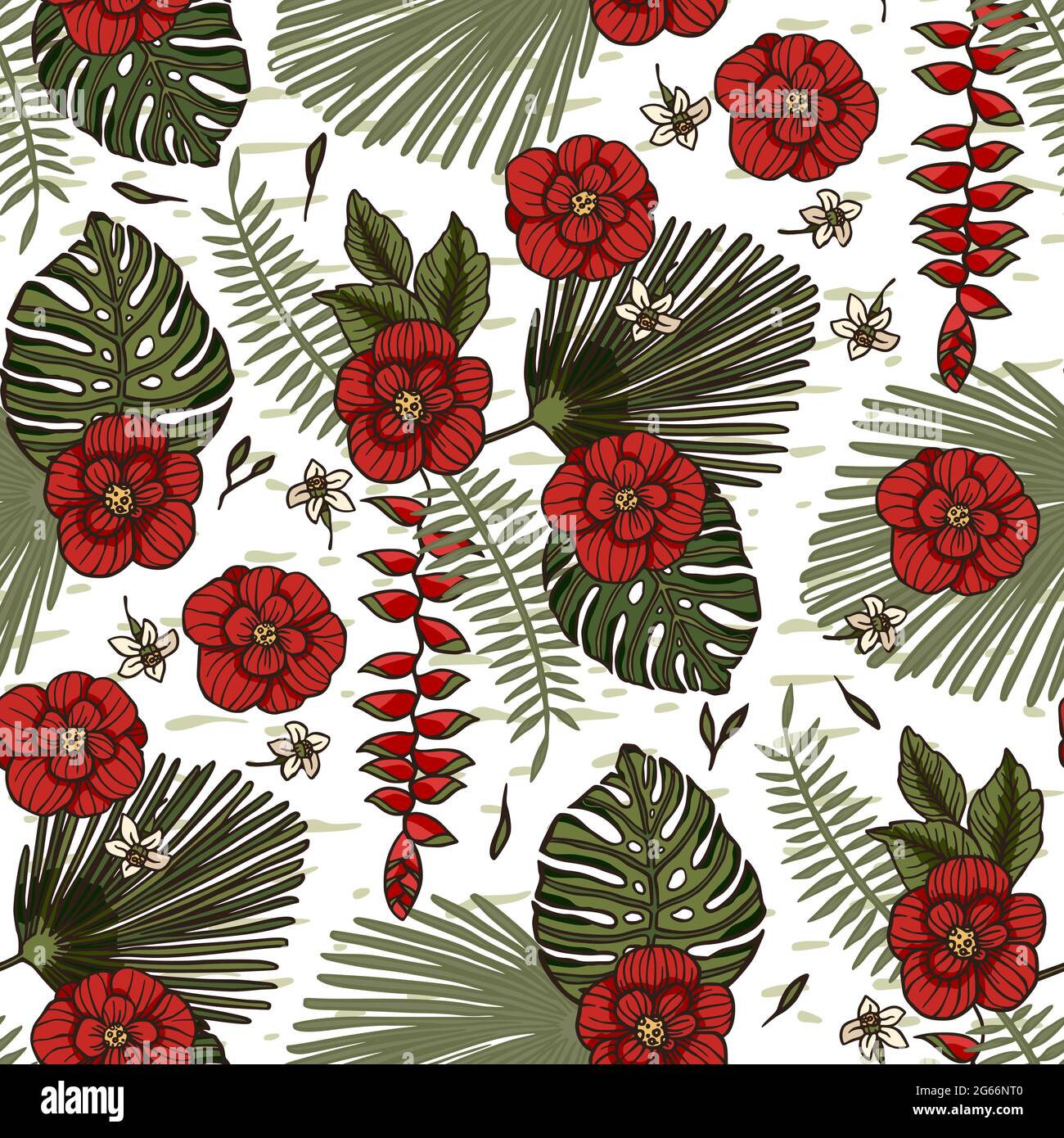 Red hibiscus rose flower tropical summer seamless pattern. Nature ...