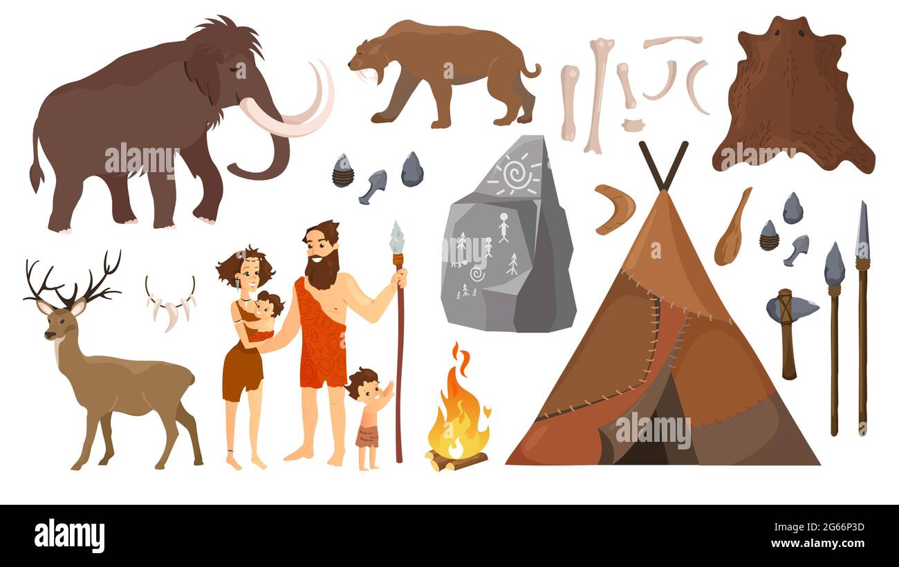 Vector illustration of stone age people with elements for life, hunting tools. Primitive Neanderthal people family - man, woman and kids, mammoth and Stock Vector