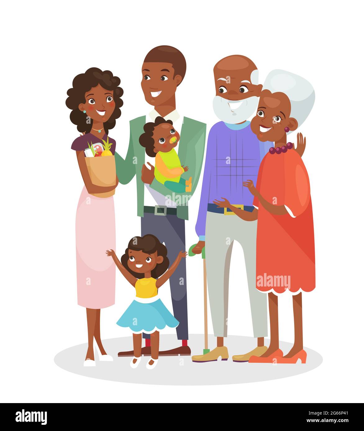Vector illustration of big happy family portrait. African American grandparents, parents and children together isolated on white background. Smiling Stock Vector