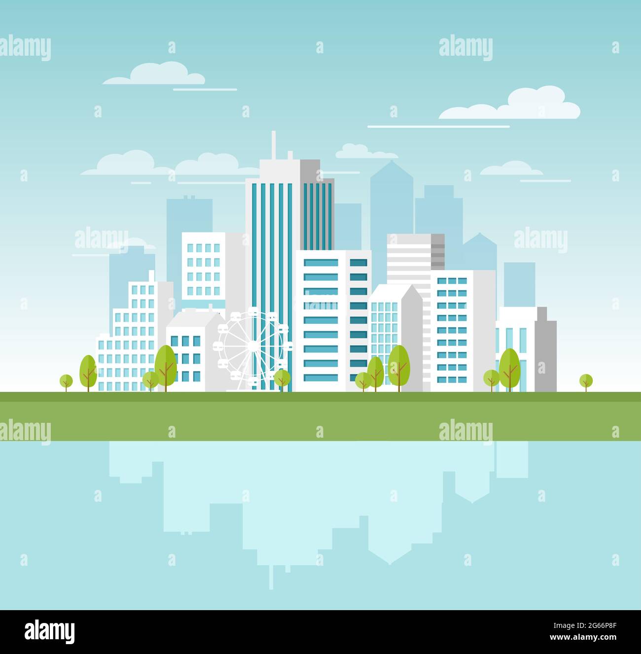 Vector illustration of modern urban landscape with white skyscrapers and big buildings. Concept website template for banner design in flat style. Stock Vector
