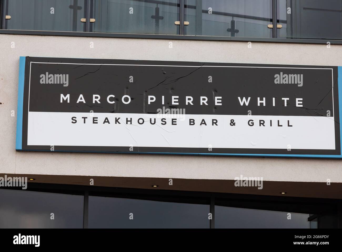 Marco Pierre White Steakhouse Bar & Grill sign. Brayford Pool, Lincoln, Lincolnshire, England Stock Photo