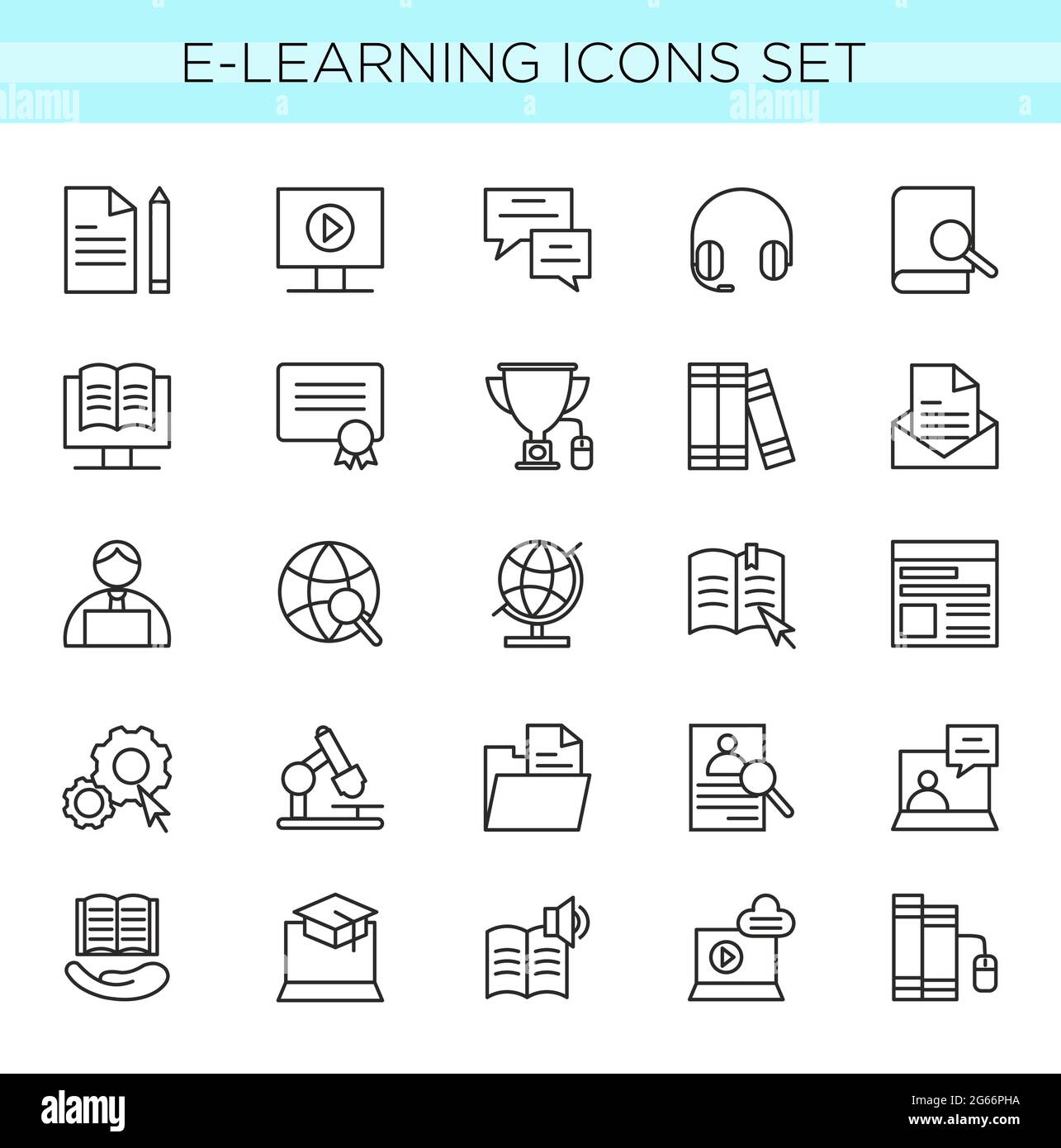 Vector illustration set of E-learning line icons, online education elements in thin line elegant style. minimal web icon collection isolated on white Stock Vector