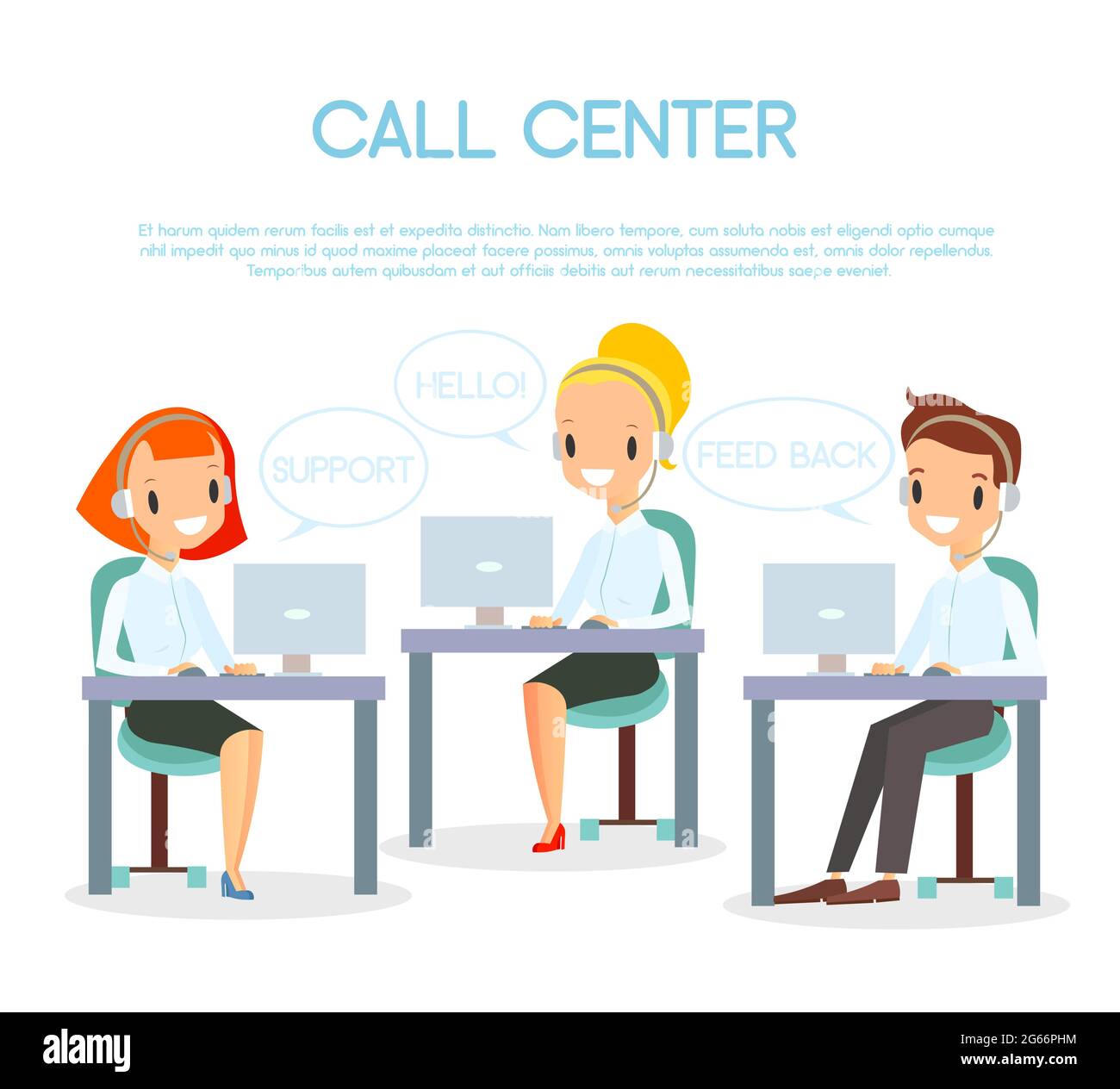 Vector illustration of call center operators. Customer service and online support concept. Call center representative at computer in headset. Happy Stock Vector