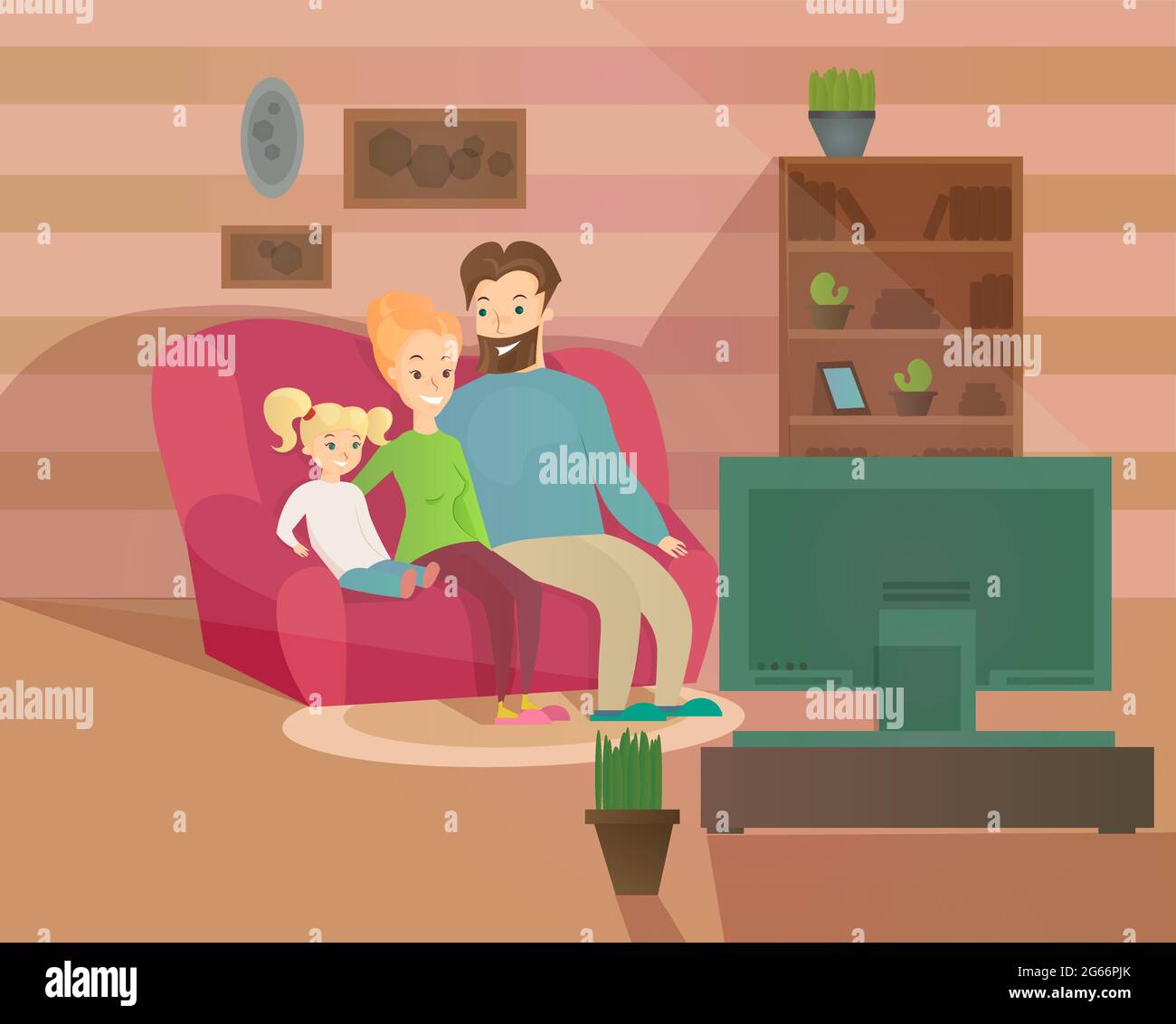 Vector illustration of happy family evening. Mother, father and kid watching television sitting on the couch at home, cozy interior in flat cartoon Stock Vector