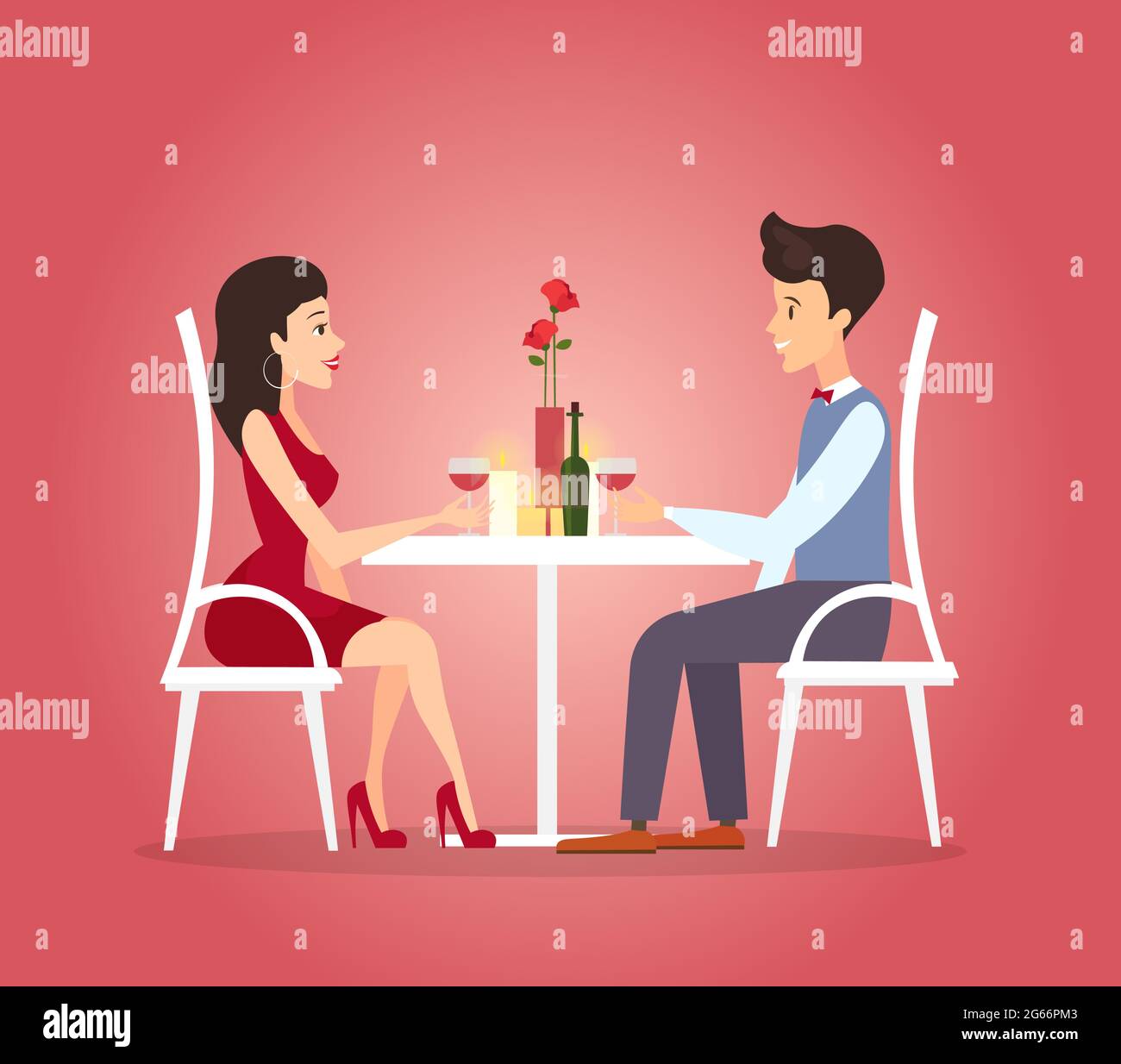 Vector illustration with romantic dinner of couple. Dating concept. Valentines day celebration of beautiful woman and handsome young man in flat Stock Vector