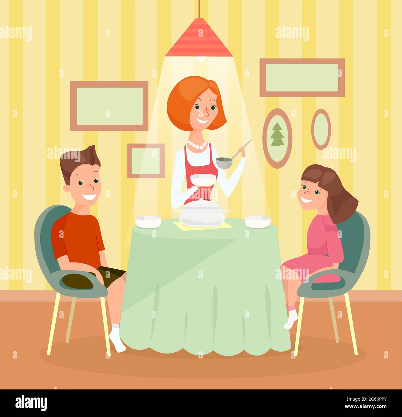 Vector illustration of family meal concept. Mother , son and daughter together at the table and have dinner in cartoon flat style. Stock Vector