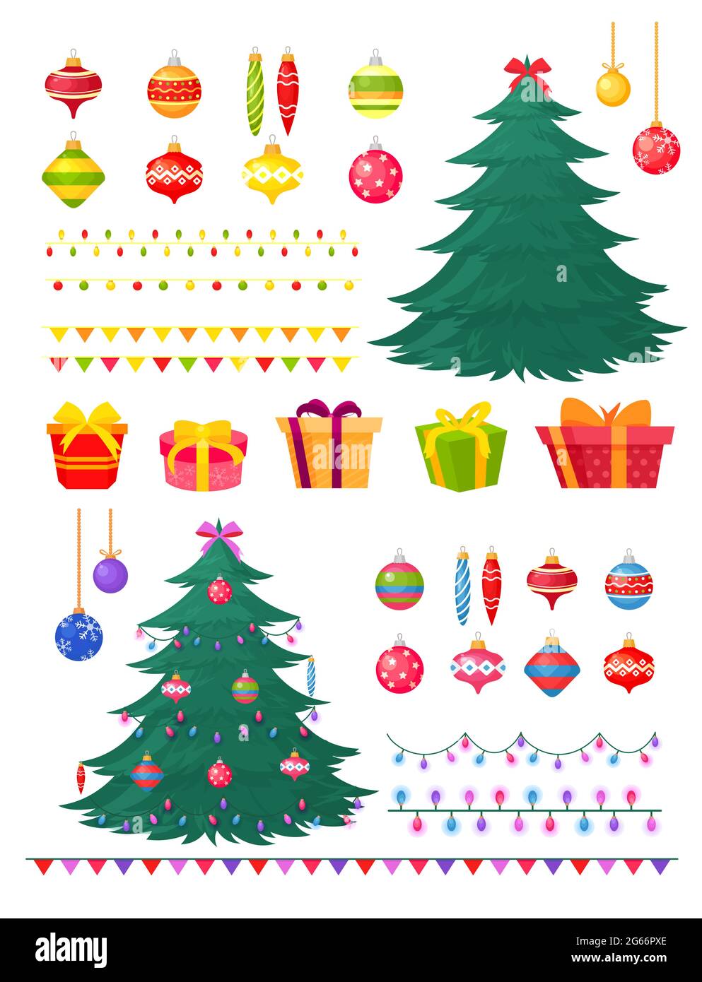Vector illustration set of Christmas tree with decorations and gift boxes. Winter decore - toys, garlands, balls, xmas trees isolated on white Stock Vector