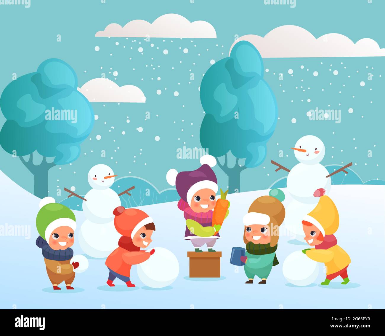 Vector illustration of happy funny and cute kids playing with snow, making snowman outside. children playing, winter holidays concept in flat cartoon Stock Vector