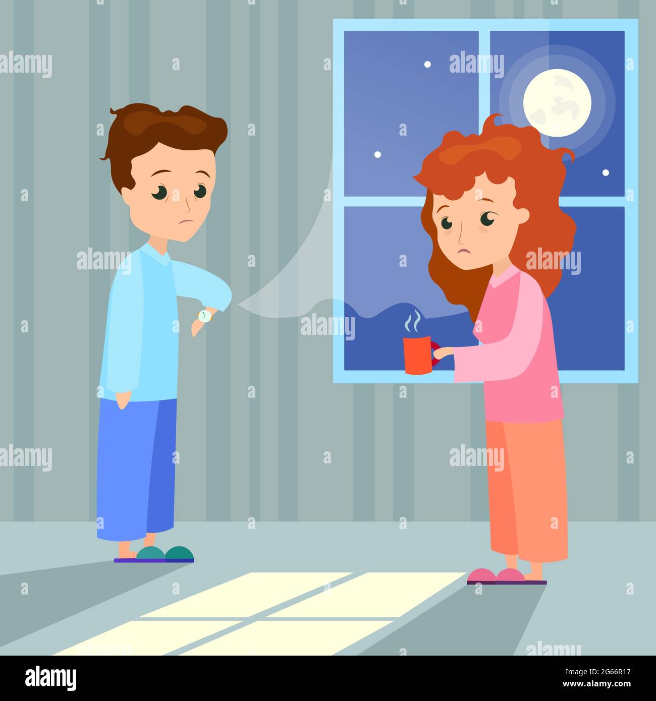 Vector illustration of insomnia concept. Woman with cup of water and man characters with insomnia or nightmare standing in night at home background Stock Vector