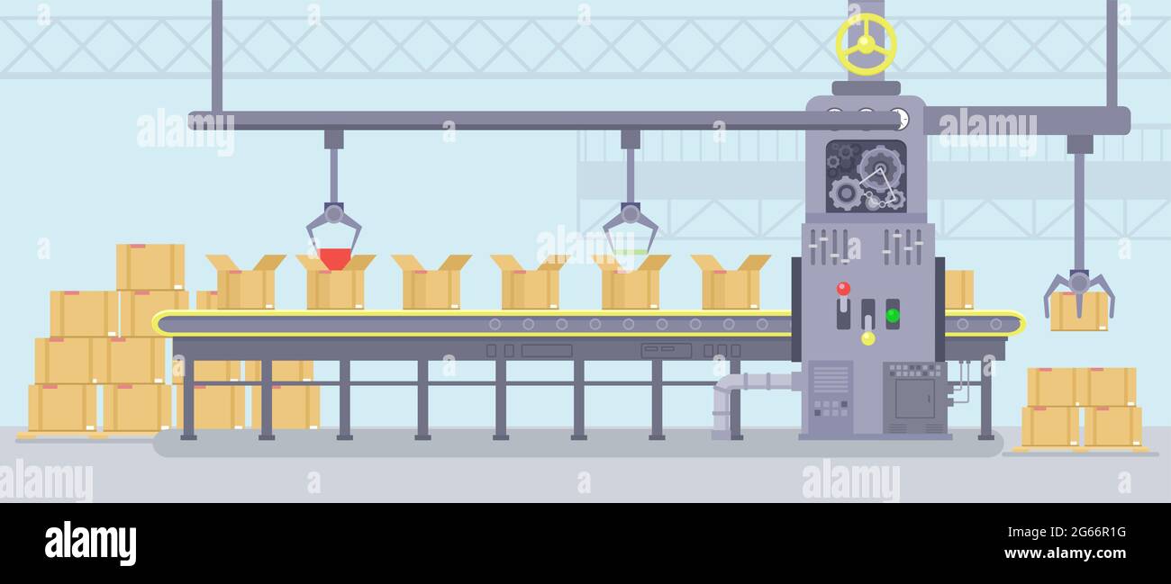 Vector illustration of manufacture interior with working smart machine with production conveyor belt. Industry concept in flat cartoon style. Stock Vector