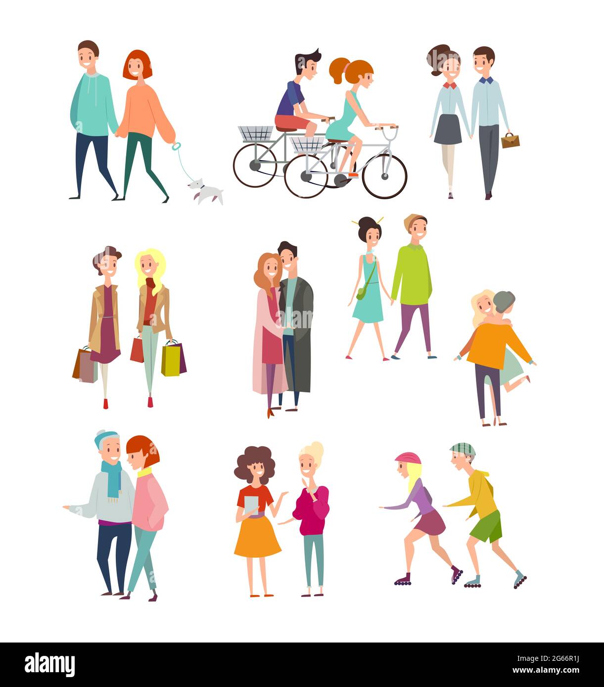 Vector illustration big set of walking and standing people, happy friends, hugging couples, people riding bicycles, walking together or pairs of men Stock Vector