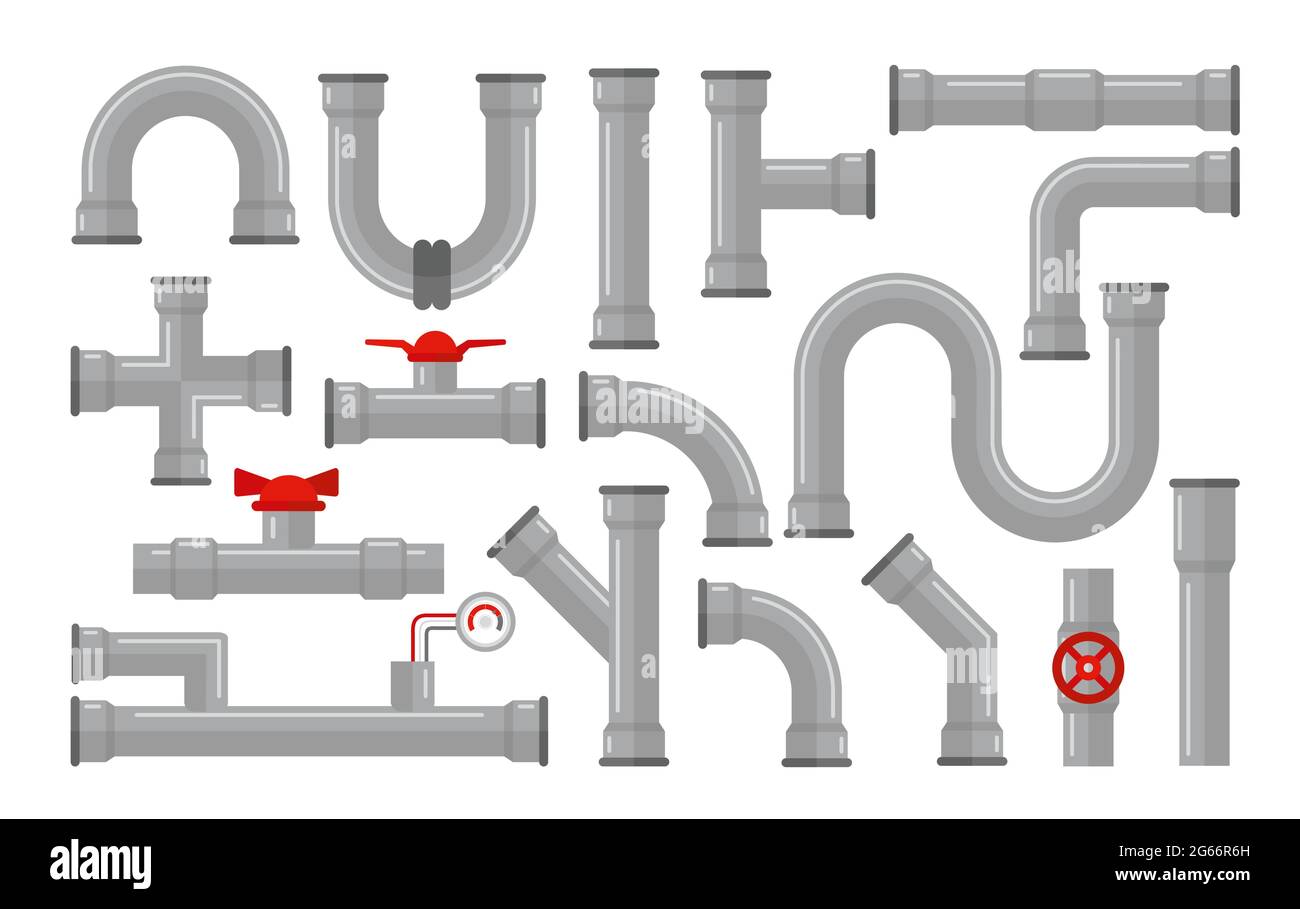 Vector illustration of pipes, types for water collection. Steel and plastic connectors, pipes in grey color with red valves in flat style isolated on Stock Vector