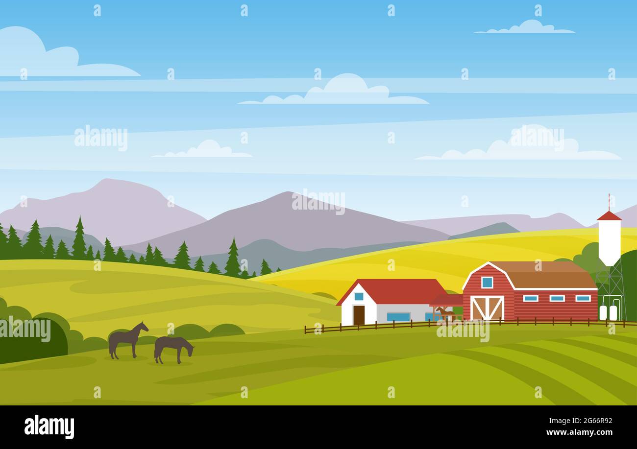 Vector illustration of rural landscape with farm. Horses in summer ...