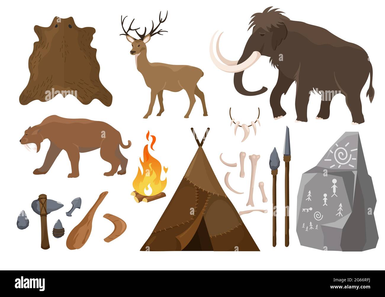 Vector illustration of big set of elements of stone age attributes. Primitive ice age elements. Stone age. Hunting tools, mammoth, wigwam and animals Stock Vector