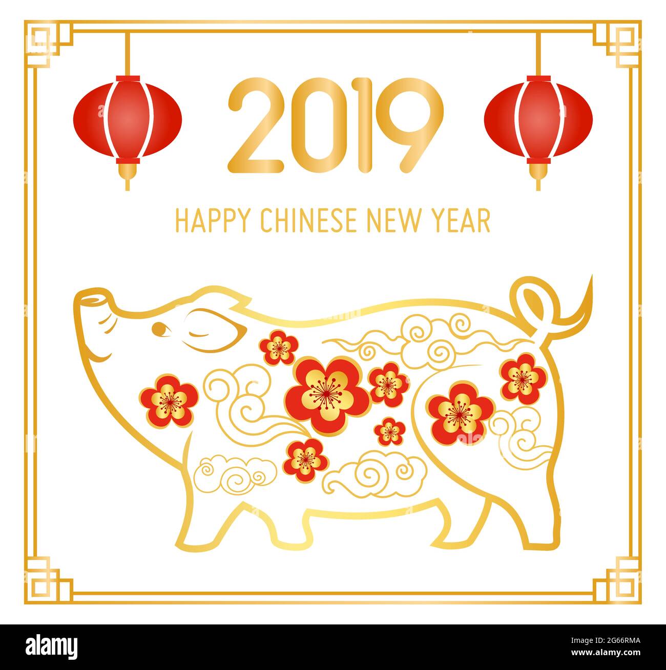 Vector illustration New Year greeting card with golden pig isolated on ...