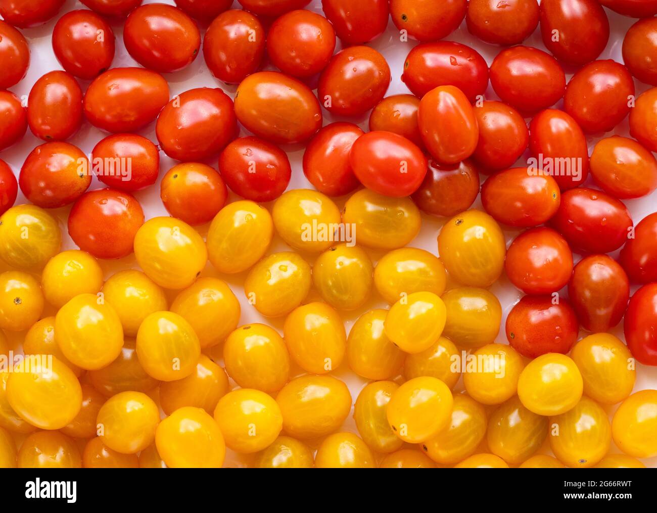 High angle view of full frame image of bright red and yellow tomatoes. Stock Photo