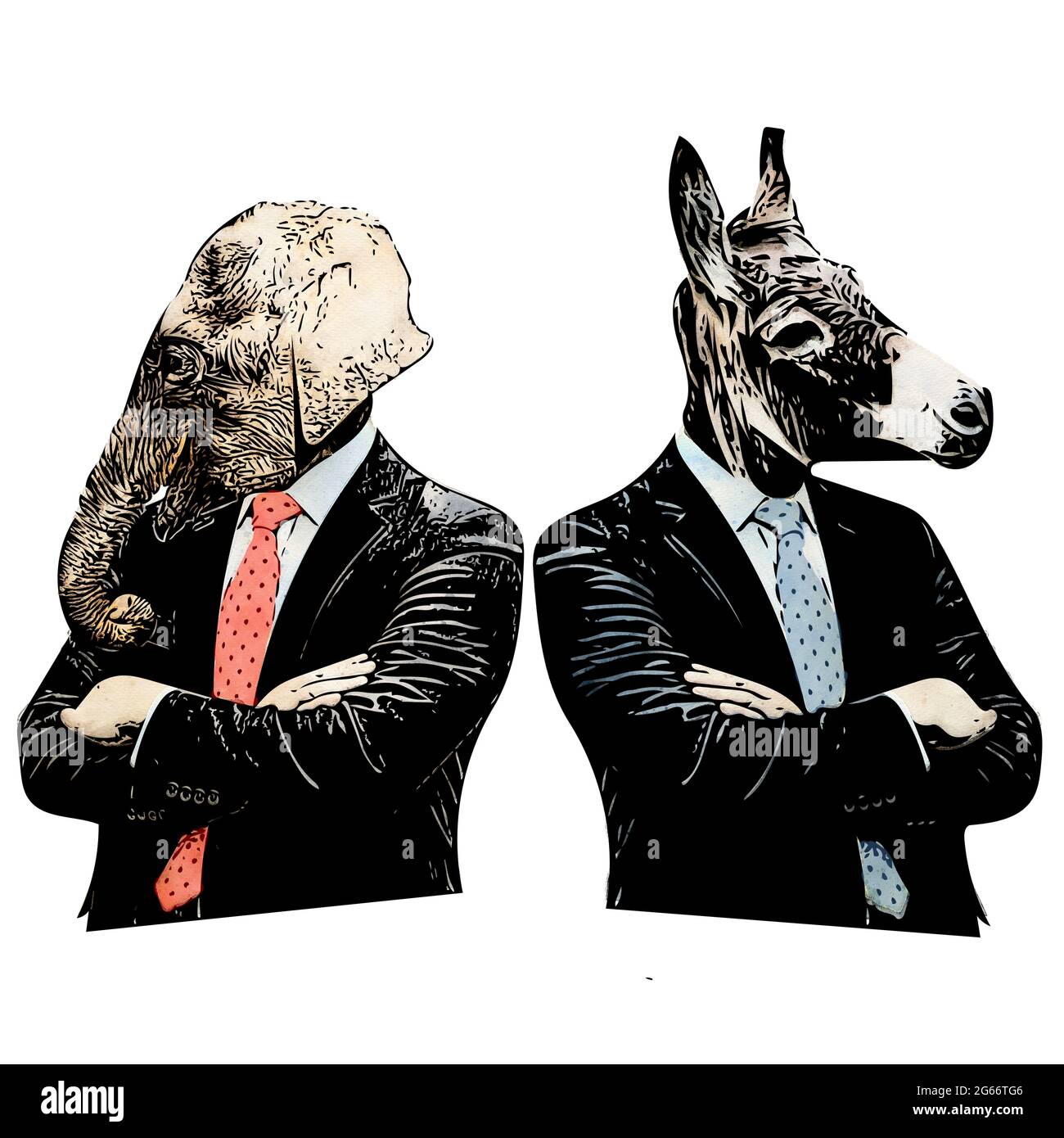 Illustration of a GOP Elephant and DEM Donkey standing back-to-back with arms crossed in disagreement Stock Photo