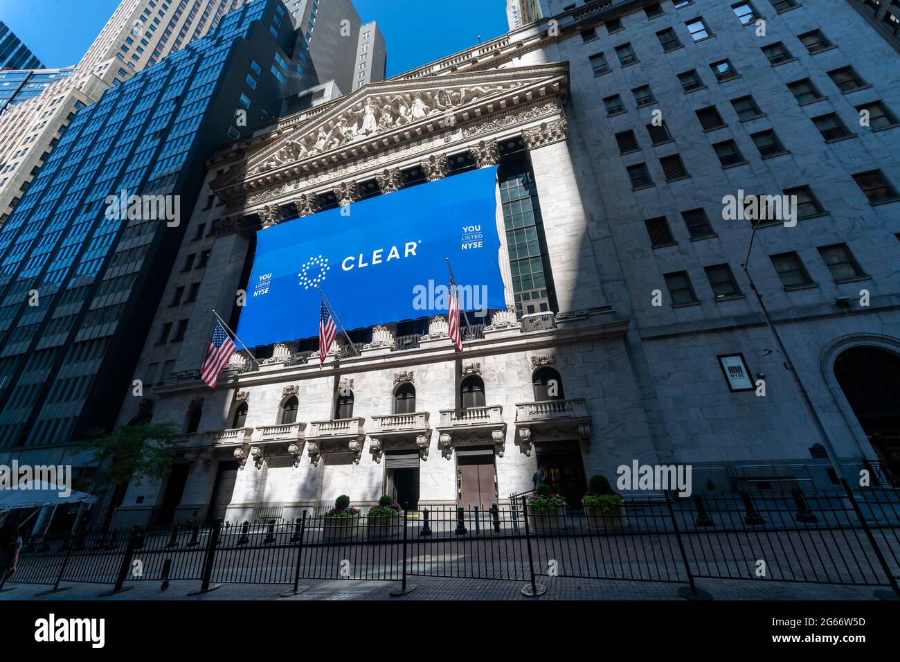 The New York Stock Exchange on Wednesday, June 30, 2021 is decorated for the initial public offering for Clear Secure. Clear Secure is a provider of security services to transportation and other venues enabling preferred access to its subscribers. (© Richard B. Levine) Stock Photo