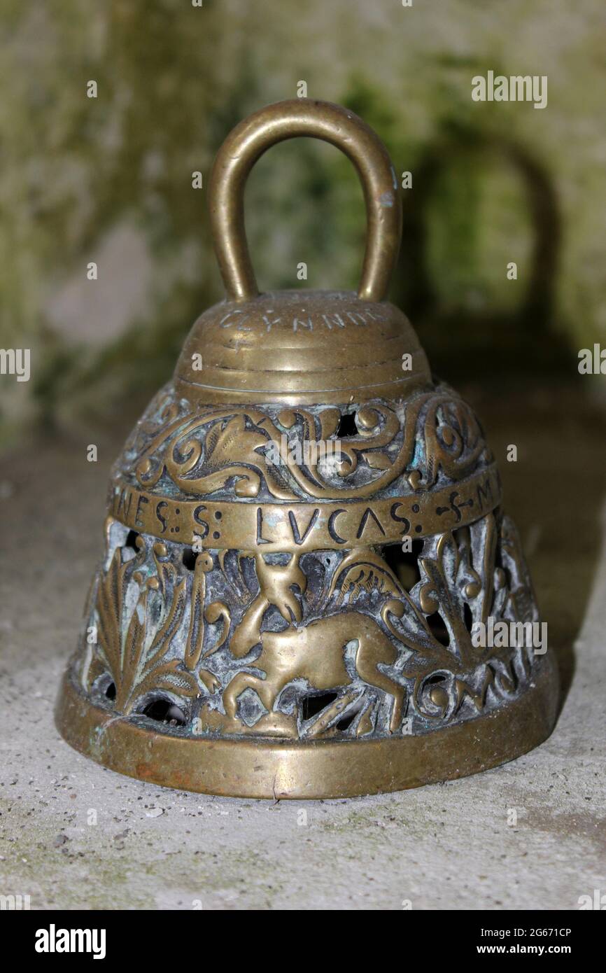 Carved Brass Bell In St Beunos, Clynnog Fawr, Wales Stock Photo