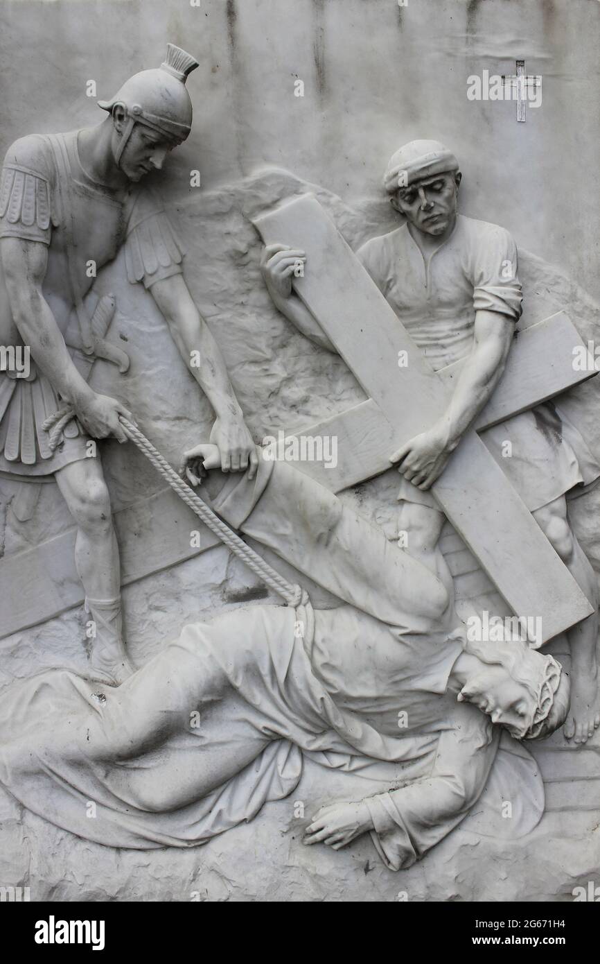 Stations of the Cross -  Jesus Falls For the First Time - St. Michael's Catholic Church, Rosemary Lane, Conwy, Wales Stock Photo