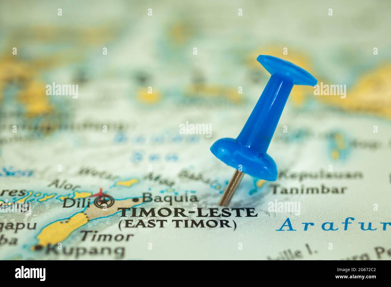 Location Timor-Leste, map with push pin closeup, travel and journey concept, Asia Stock Photo