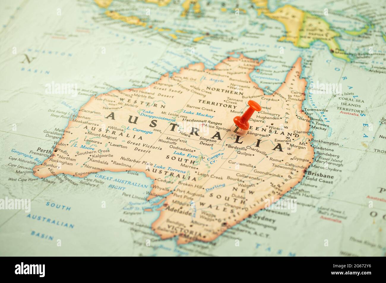 Location Australia, map with push pin closeup, travel and journey