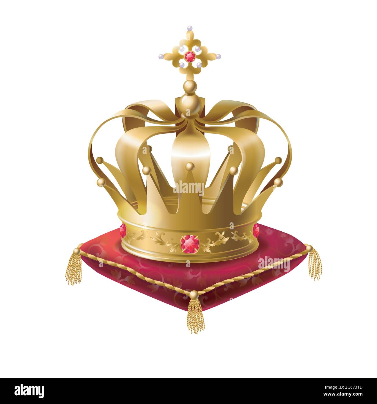 A golden crown decorated with gems sitting on a silk pillow with golden tassels Stock Vector Image Art Alamy